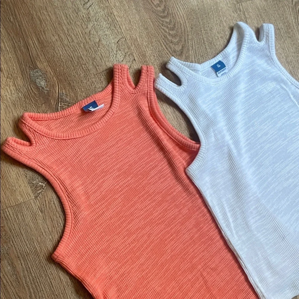 Old Navy Girls Ribbed Tank‎ Top Bundle Coral White Cutout Shoulder Size M 8 2pk